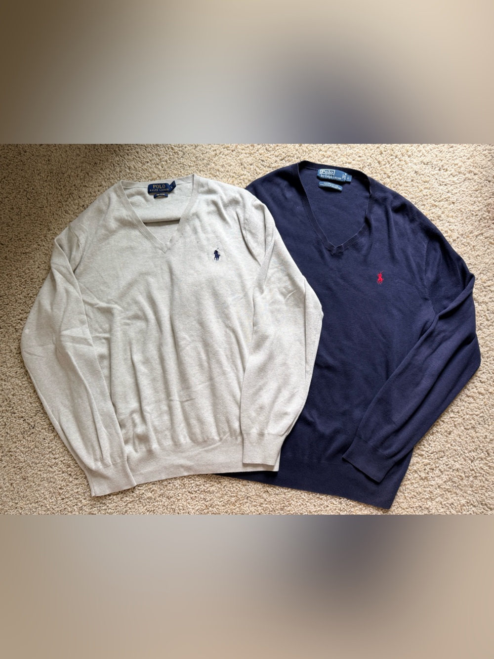 Lot of 2 Polo Ralph Lauren V-Neck Sweaters Men’s L Gray Navy Cotton
